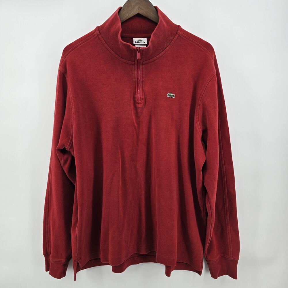 Lacoste Sweater Mens XL (7) Red 1/4 Zip Pullover Sweater Cotton Side Pockets